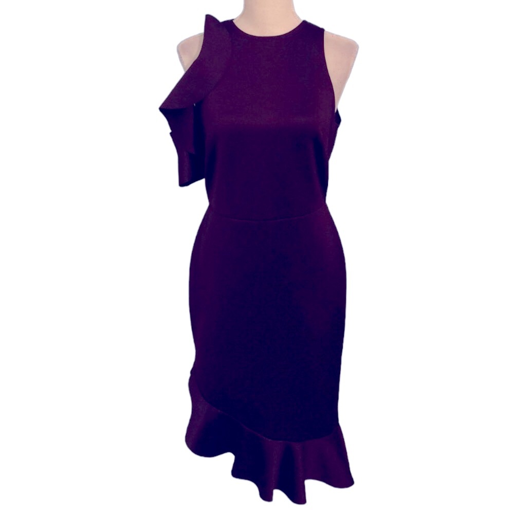 Asos cold shoulder ruffle asymmetrical hem midi dress
